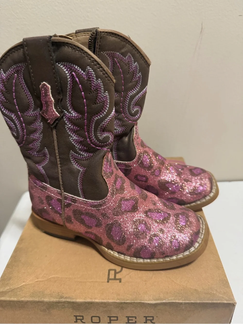 Roper Girls Pink Leopard Glitter Western Cowboy Boots Size 8